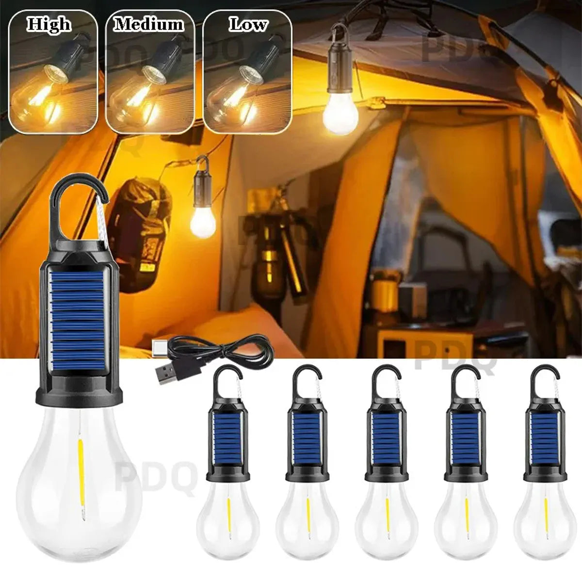 Solar Rechargeable LED Camping Bulb - USB-C Charging, 4 Light Modes, Waterproof