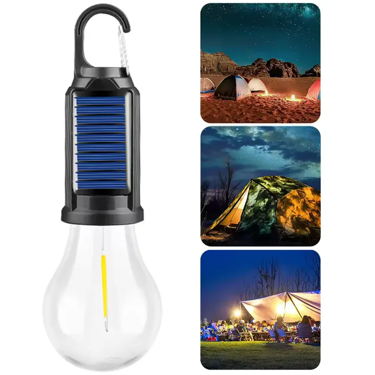 Solar camping bulb beside nighttime campsite scenes
