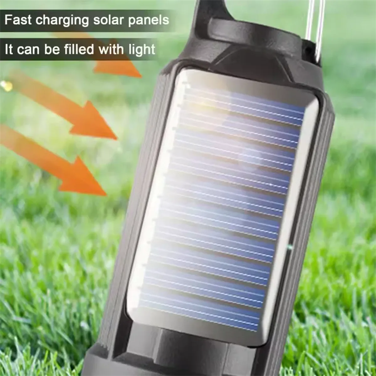 Integrated solar charging panel on the camping bulb housing