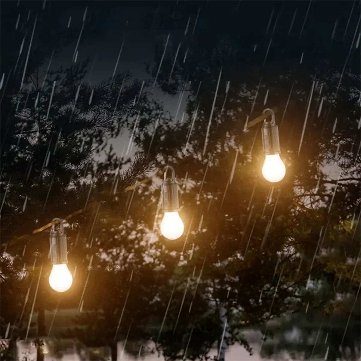 IP55 camping bulbs shown during outdoor rain