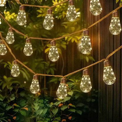 Solar Teardrop Bulb String Lights - 8 Modes, Unbreakable, natural hemp rope