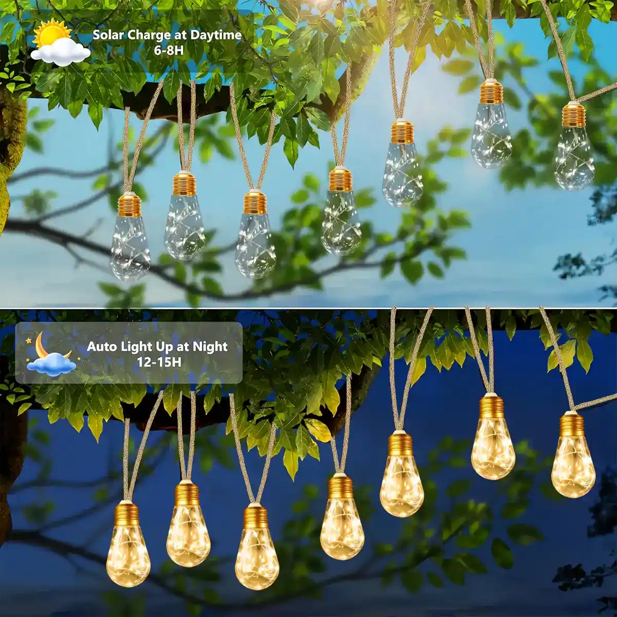Solar teardrop string lights among garden branches
