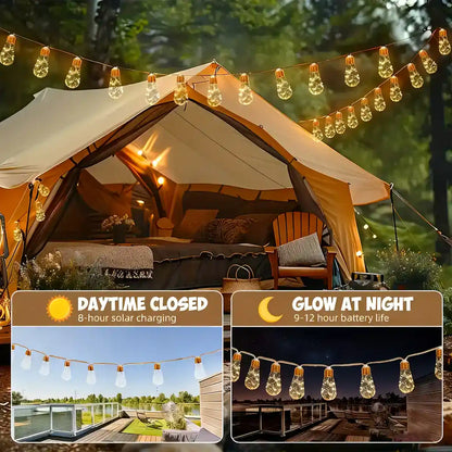 Solar Teardrop Bulb String Lights - 8 Modes, Unbreakable, natural hemp rope
