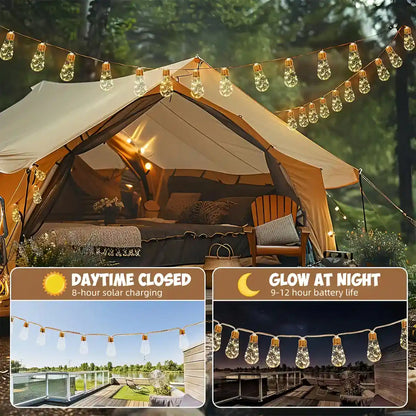 Solar Teardrop Bulb String Lights - 8 Modes, Unbreakable, natural hemp rope
