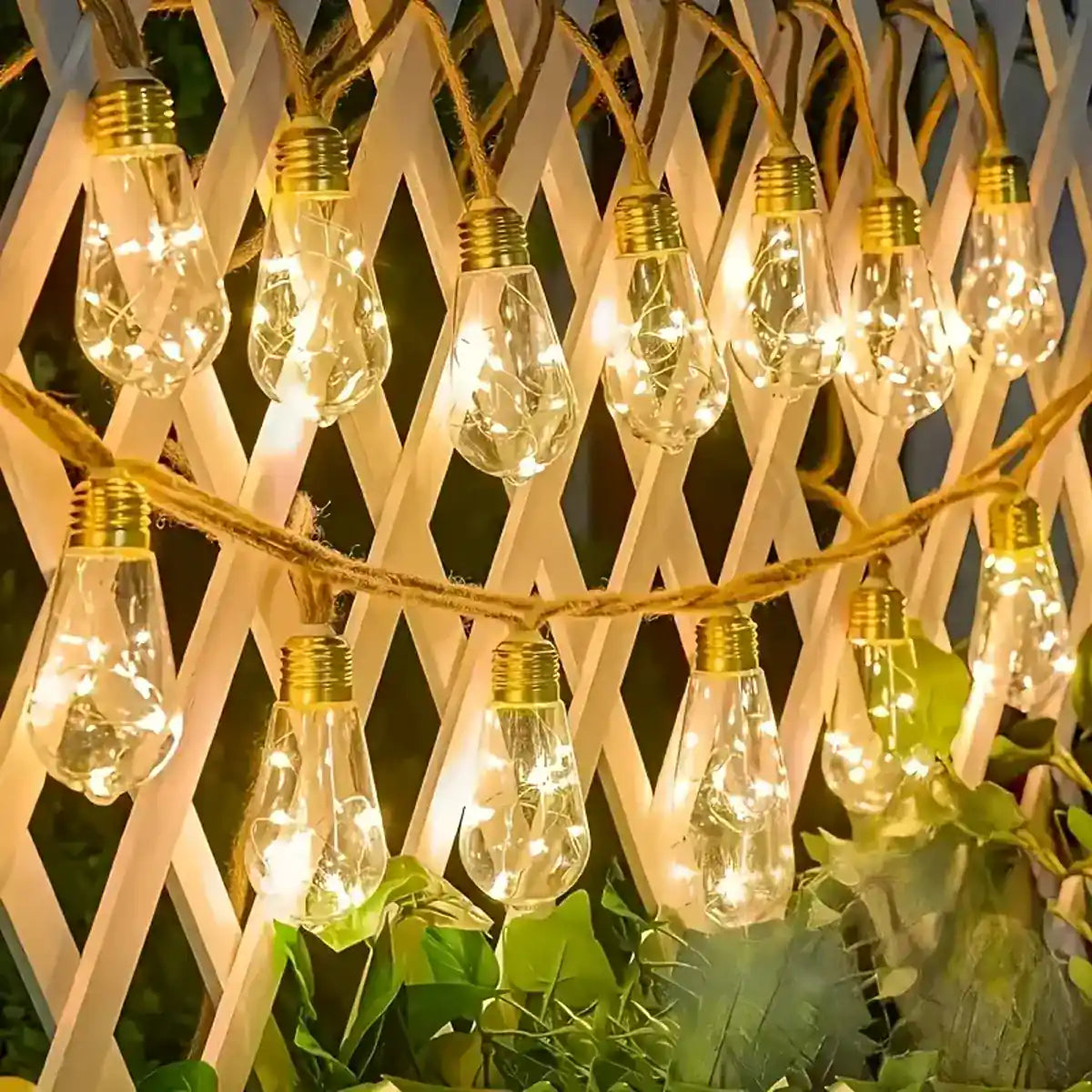 Solar Teardrop Bulb String Lights - 8 Modes, Unbreakable, natural hemp rope