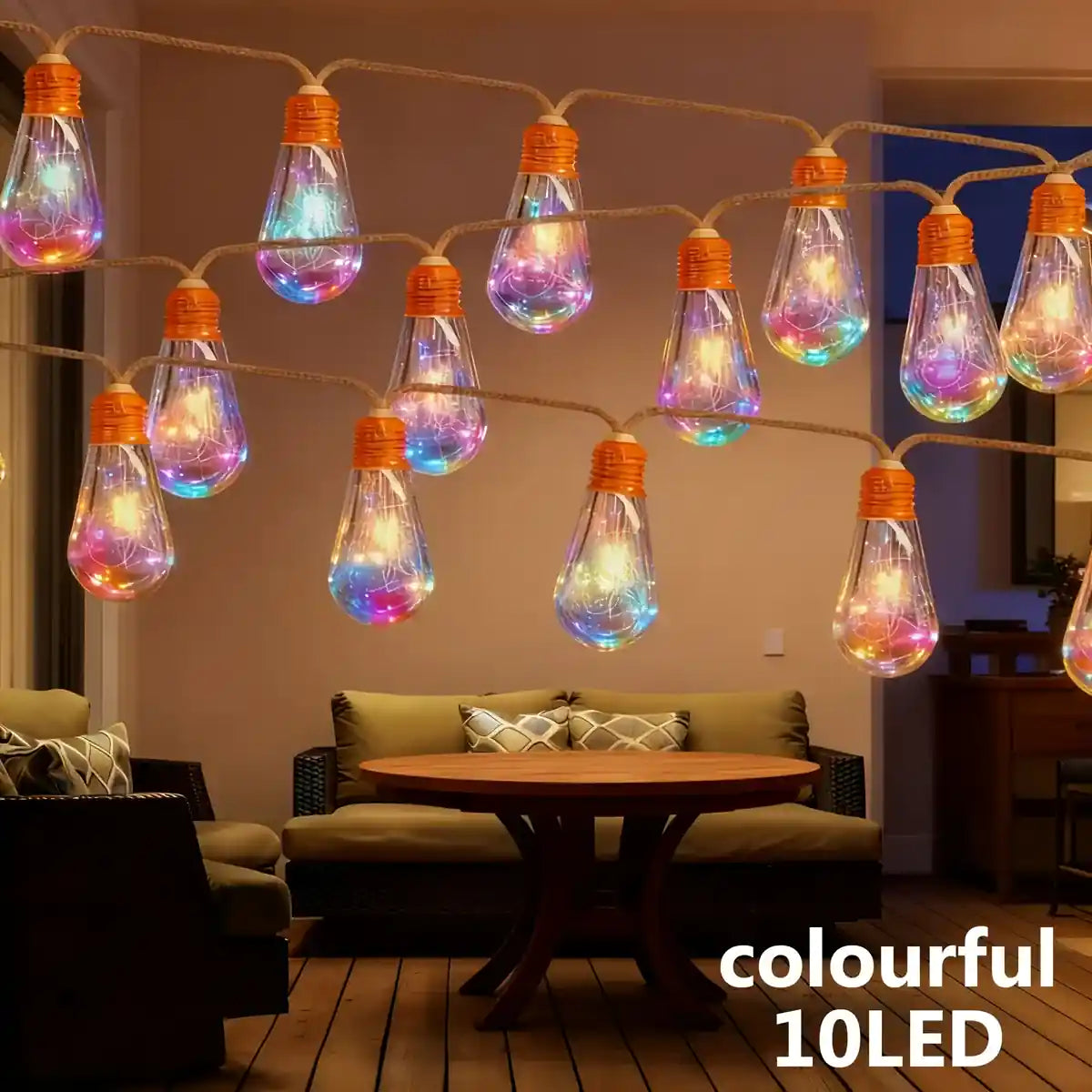 Teardrop lights suspended from a patio pergola