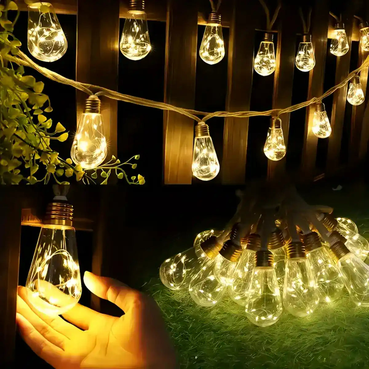 Outdoor string lights in a holiday display