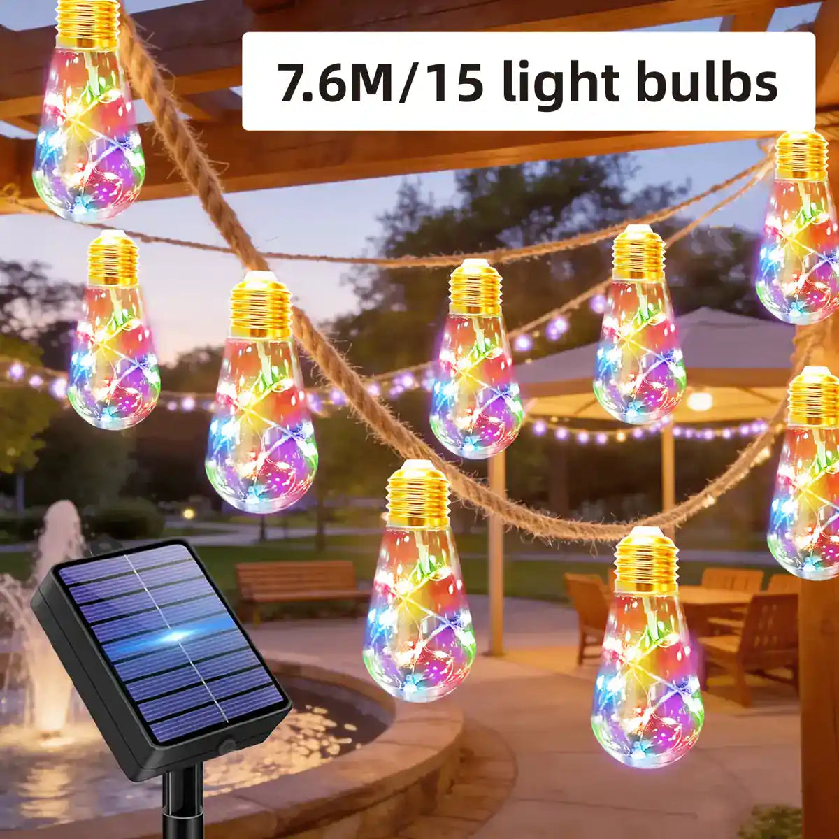 Solar teardrop lights around a garden tent