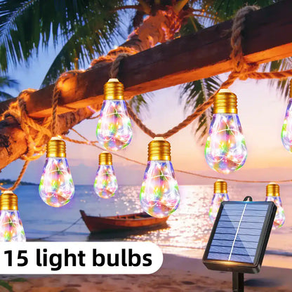 Solar Teardrop Bulb String Lights - 8 Modes, Unbreakable, natural hemp rope