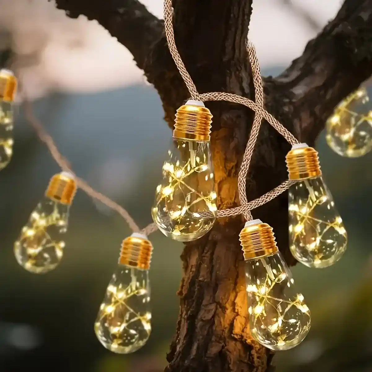 Solar Teardrop Bulb String Lights - 8 Modes, Unbreakable, natural hemp rope