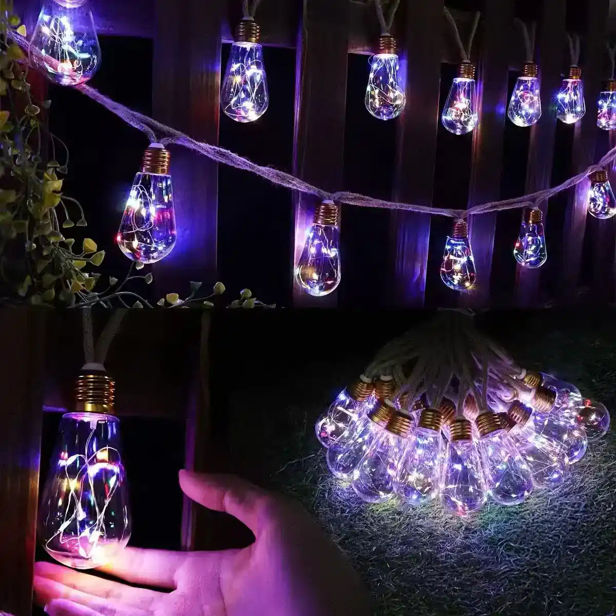Solar Teardrop Bulb String Lights - 8 Modes, Unbreakable, natural hemp rope