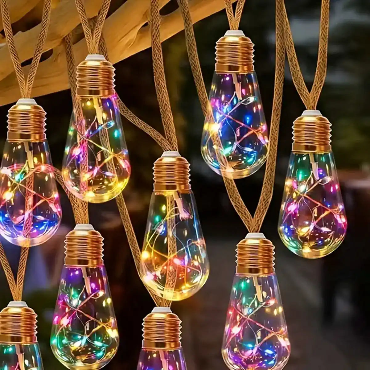 Solar Teardrop Bulb String Lights - 8 Modes, Unbreakable, natural hemp rope