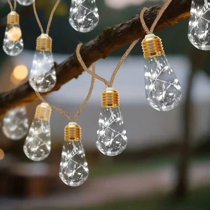 Solar Teardrop Bulb String Lights - 8 Modes, Unbreakable, natural hemp rope