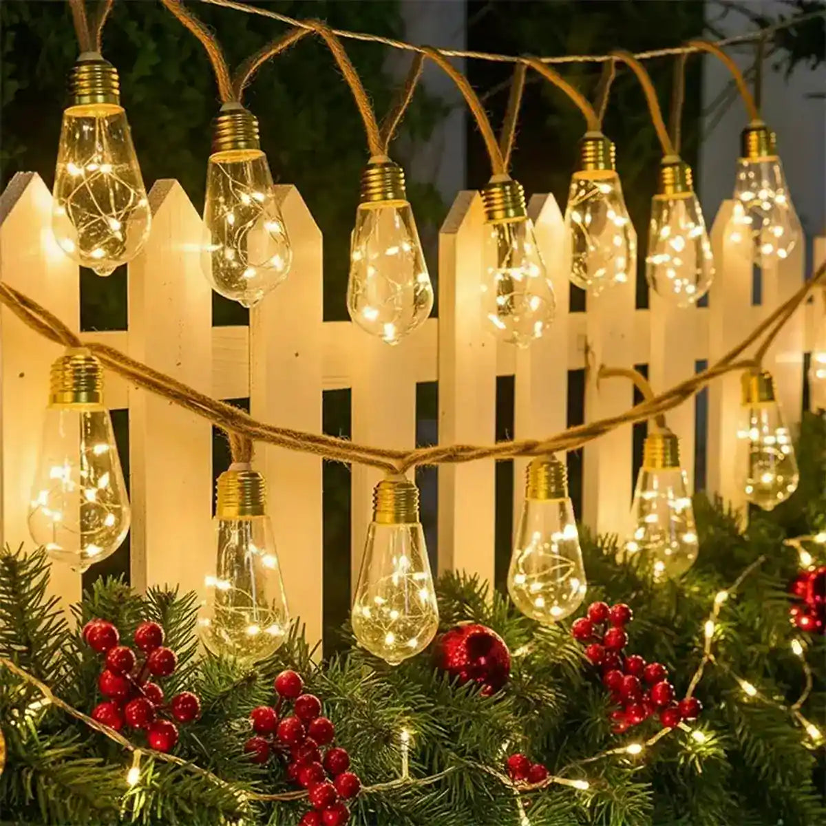 Solar Teardrop Bulb String Lights - 8 Modes, Unbreakable, natural hemp rope