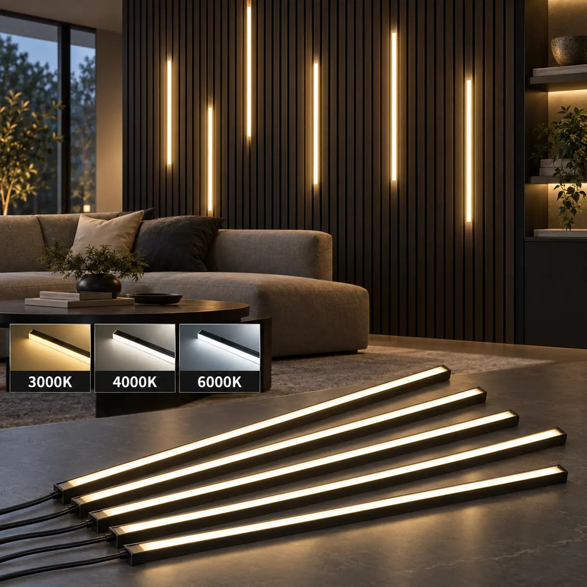 Touch-dimmable LED light bars installed between wood wall slats