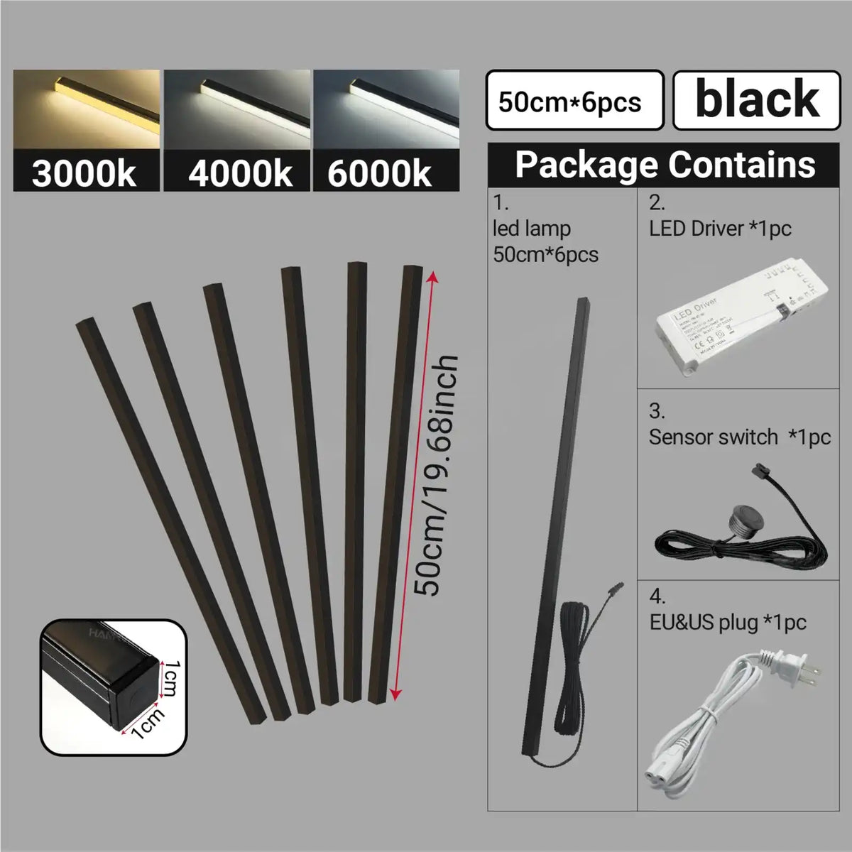 Touch Sensor Slat Wall LED Light Bar Kit - Self-Adhesive, 50/100cm