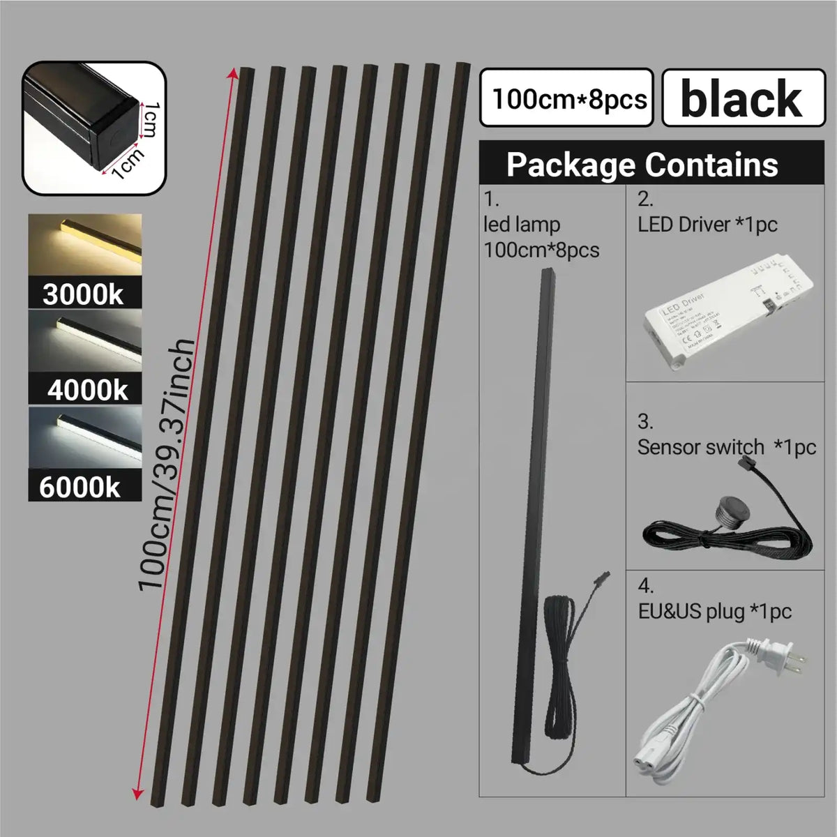 Touch Sensor Slat Wall LED Light Bar Kit - Self-Adhesive, 50/100cm