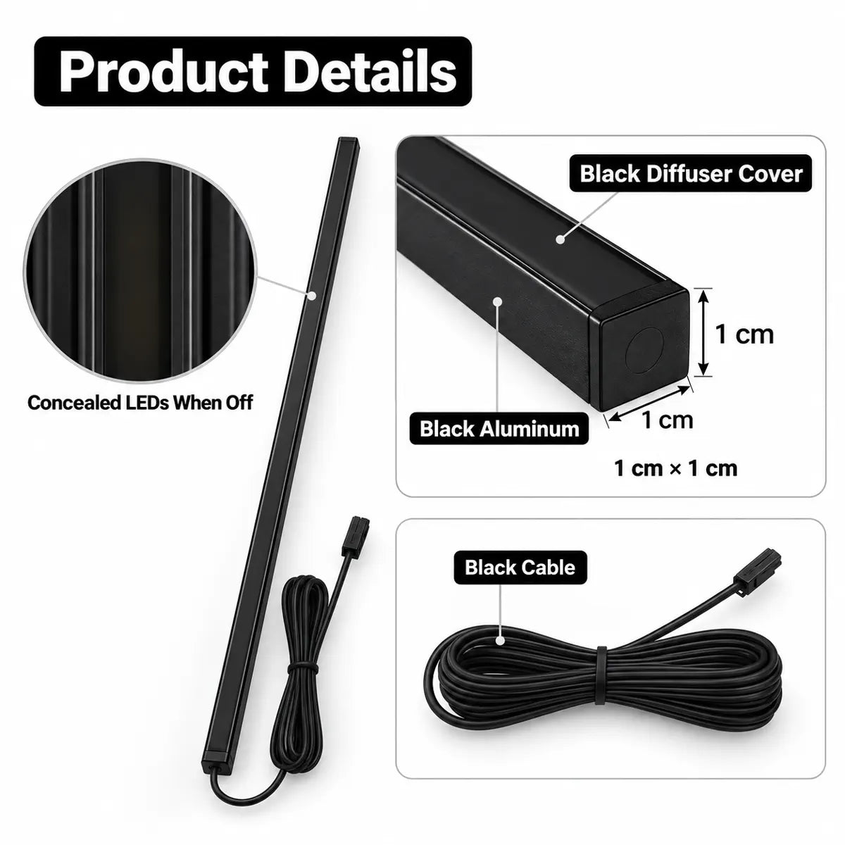 Black aluminum LED light bar profile and cable details