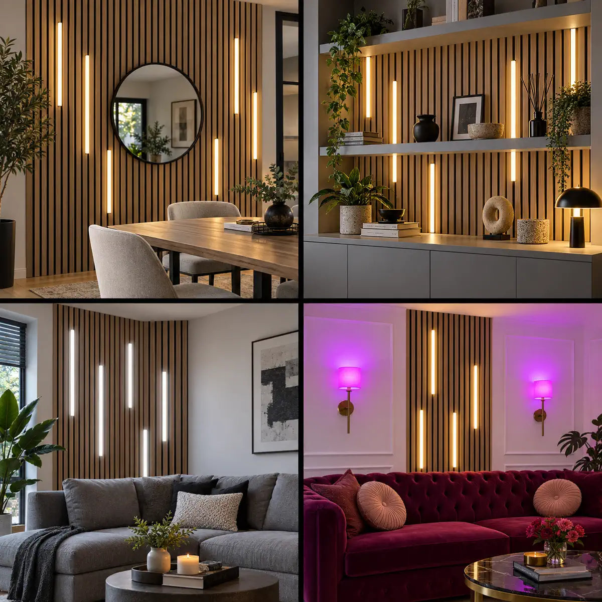 LED light bars used across four wood slat wall settings