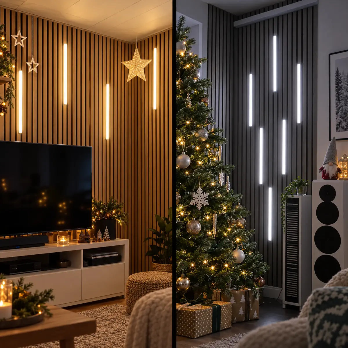 Warm and cool LED light bars in festive slat wall settings