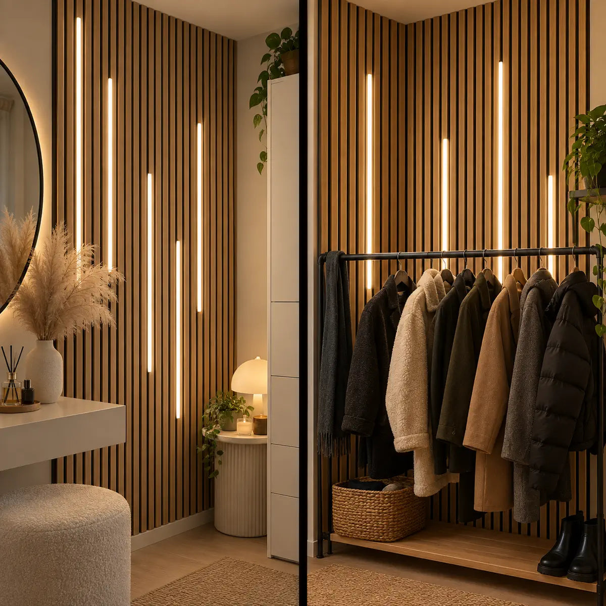 Warm LED light bars used in vanity and clothing storage areas
