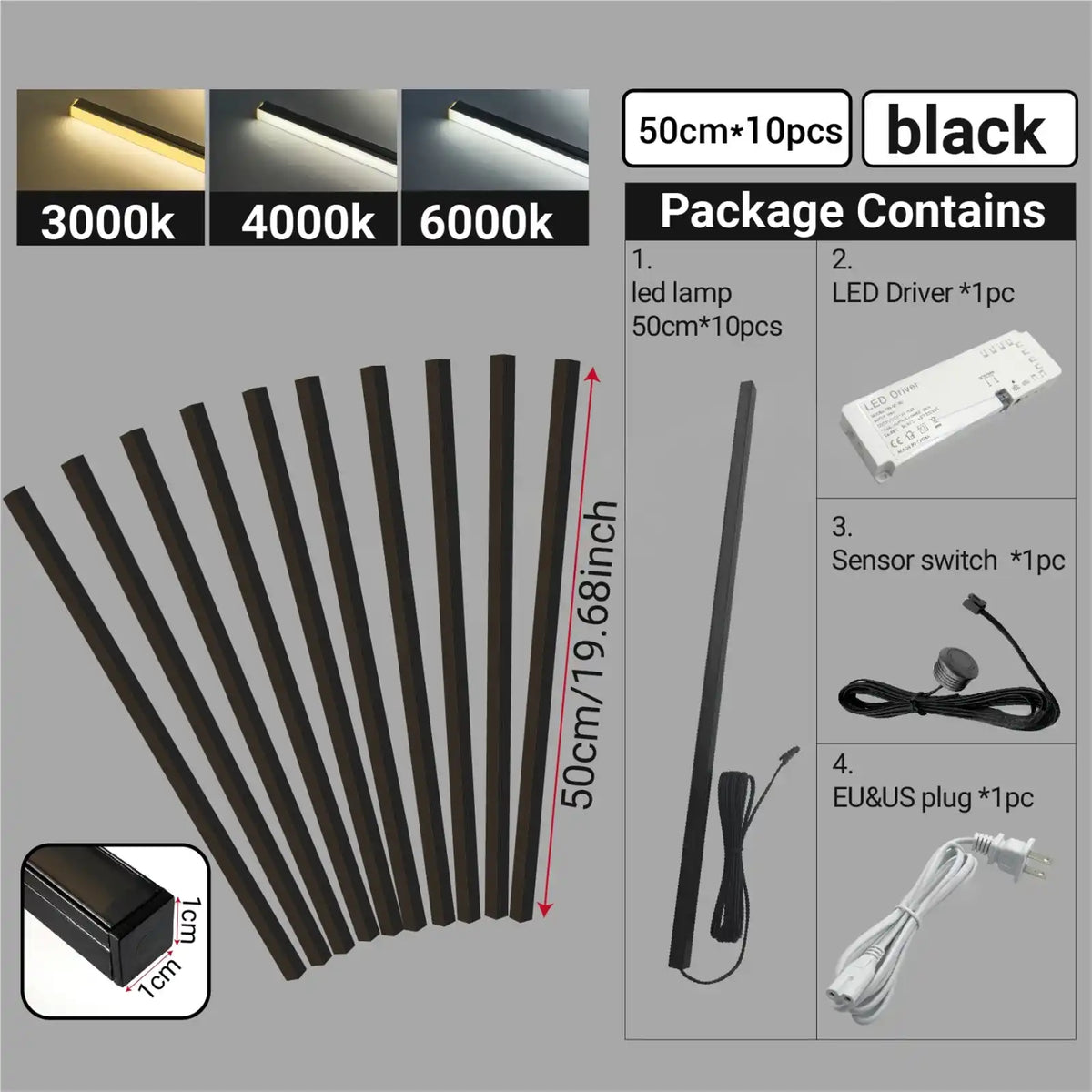Touch Sensor Slat Wall LED Light Bar Kit - Self-Adhesive, 50/100cm