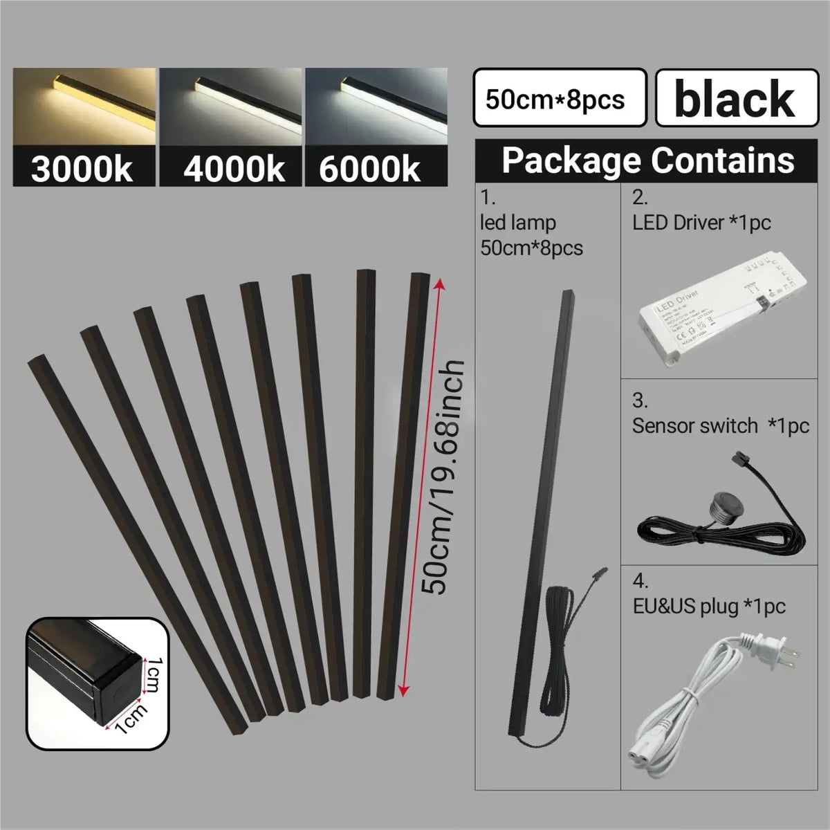 Touch Sensor Slat Wall LED Light Bar Kit - Self-Adhesive, 50/100cm