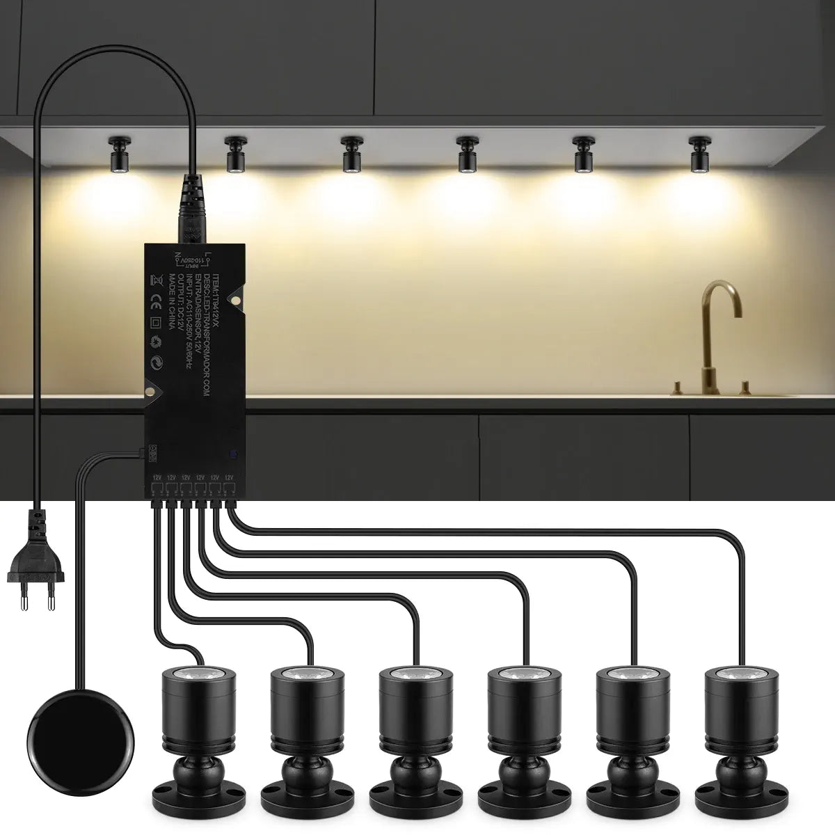 Hidden Touch Sensor LED Cabinet Spotlight Kit - 12V 3W, Dimmable