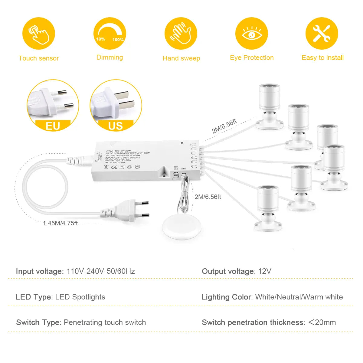 Hidden Touch Sensor LED Cabinet Spotlight Kit - 12V 3W, Dimmable