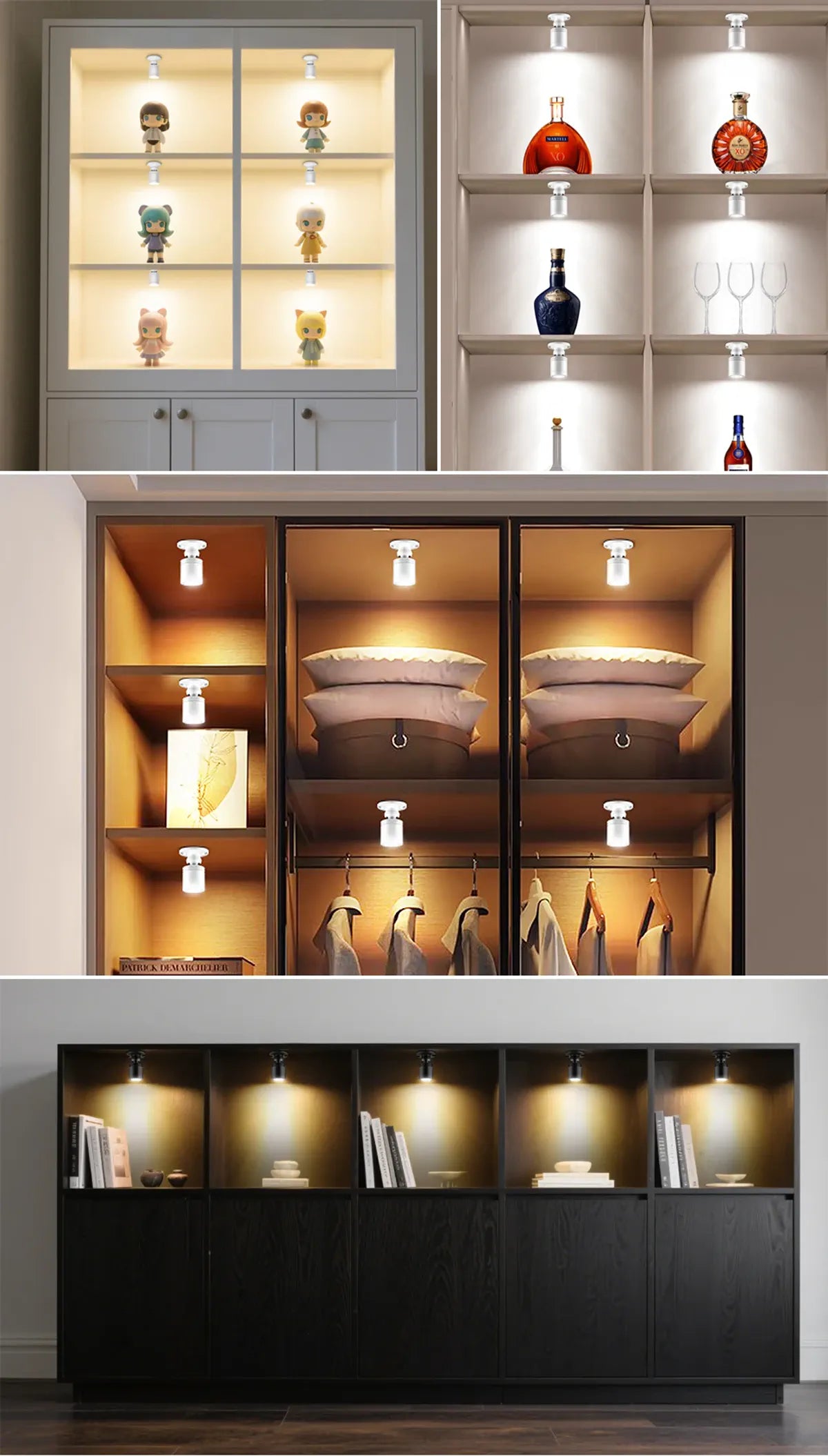 Display cabinets, shelves and wardrobe lighting examples