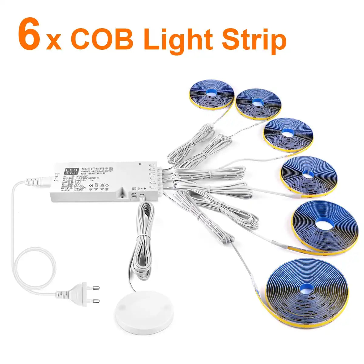Under Cabinet COB LED Strip Light Kit - Hidden Touch Sensor, US & EU Plug Options