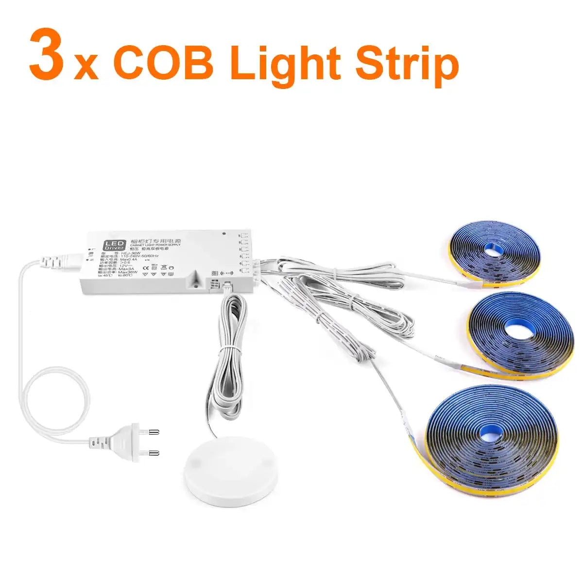 Under Cabinet COB LED Strip Light Kit - Hidden Touch Sensor, US & EU Plug Options