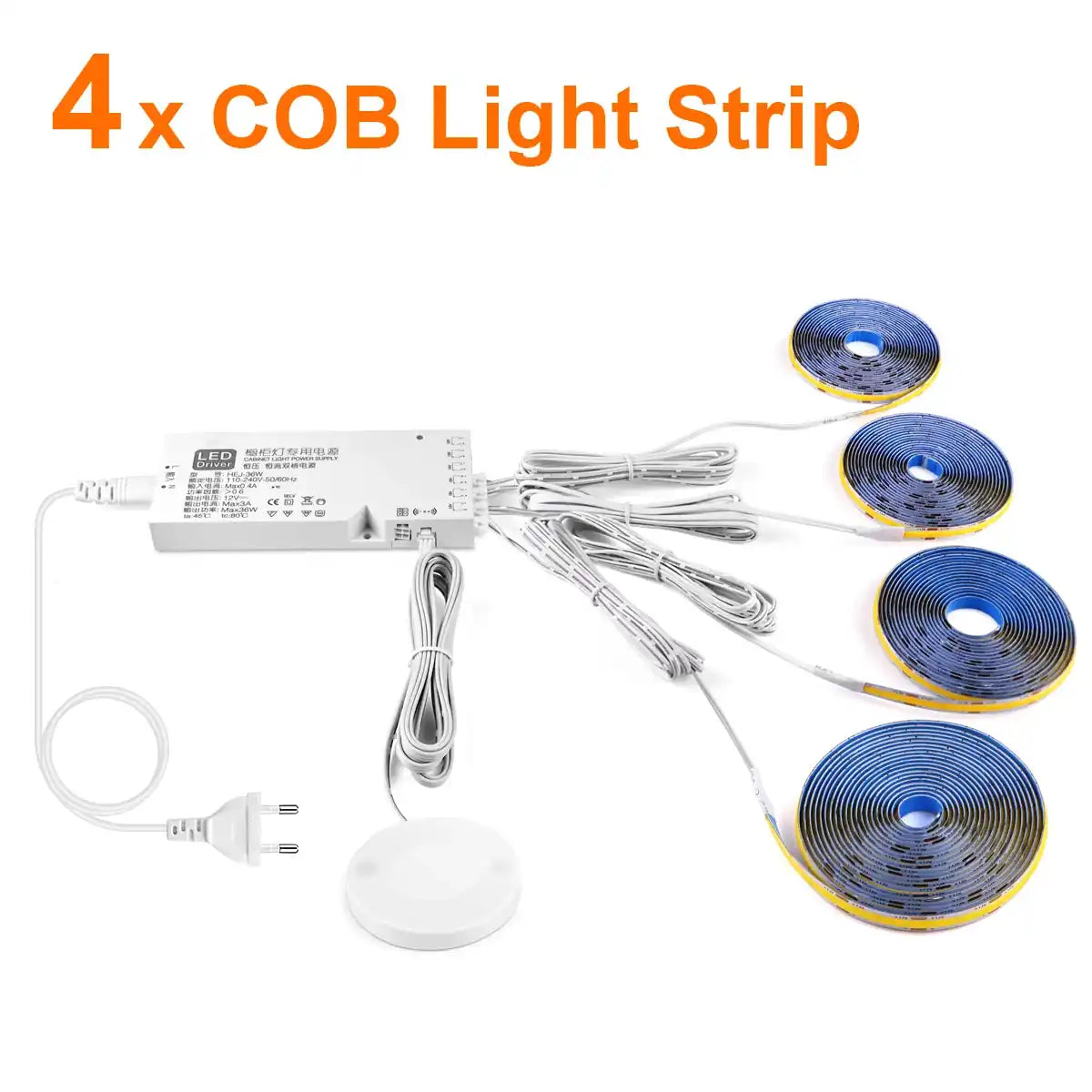 Under Cabinet COB LED Strip Light Kit - Hidden Touch Sensor, US & EU Plug Options