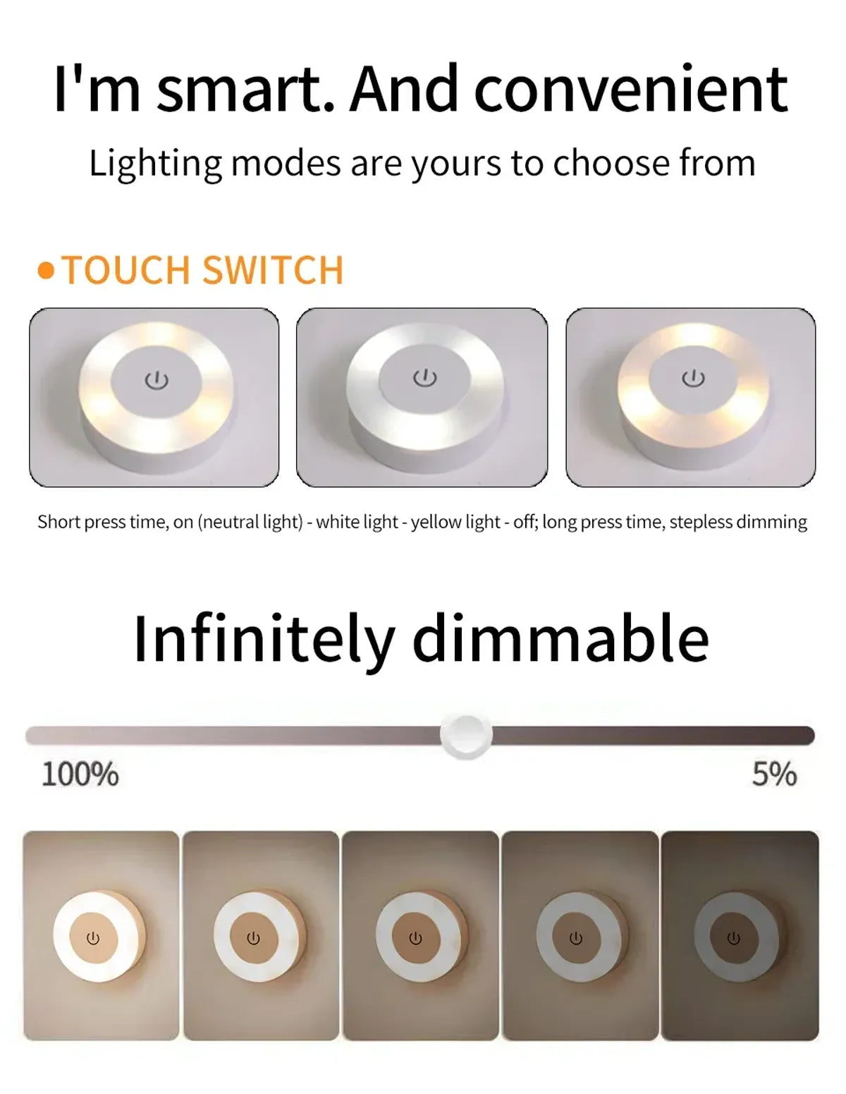 Touch Switch Dimmable LED Puck Lights Rechargeable Night Light with Magnetic