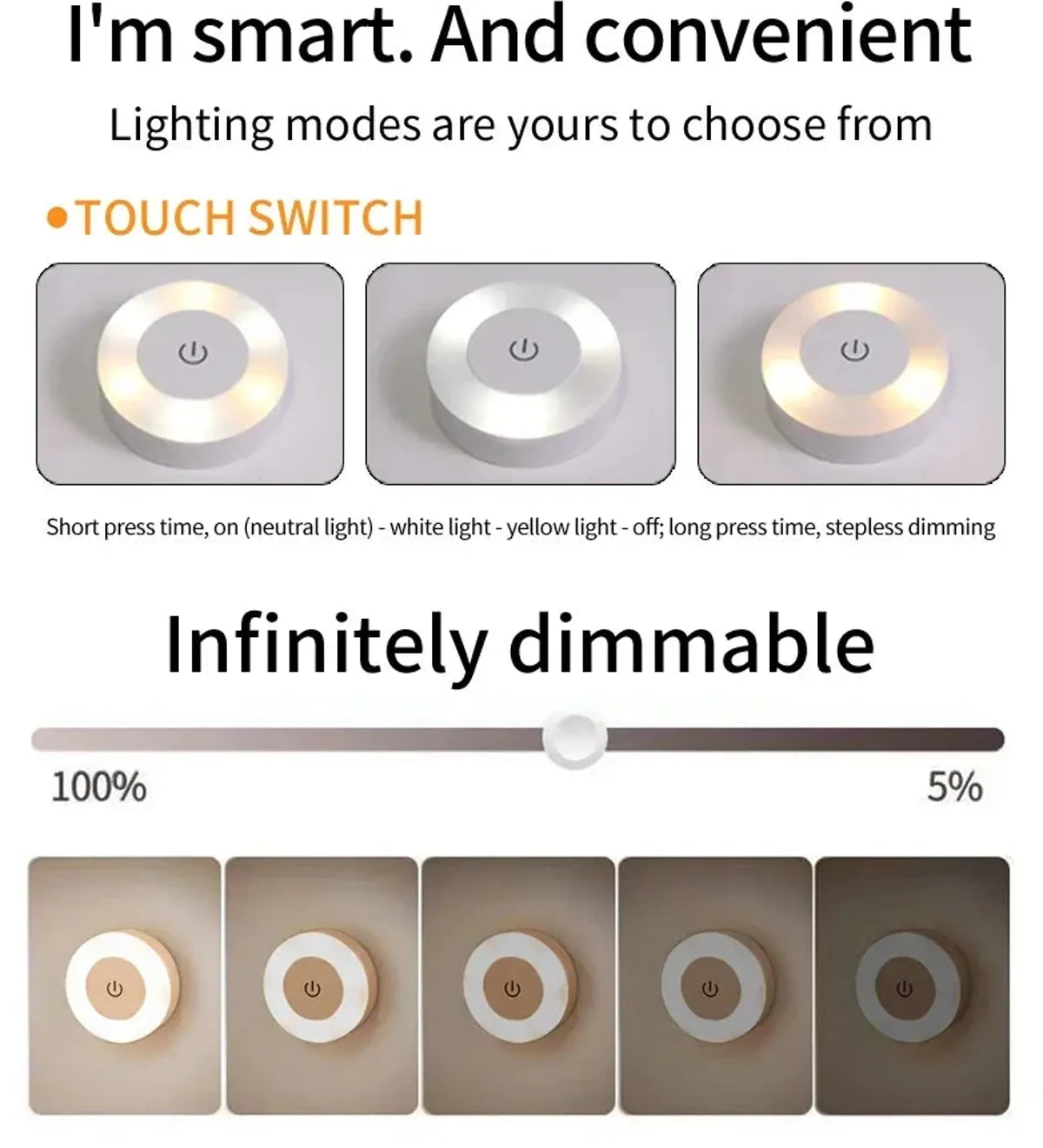 Touch Switch Dimmable LED Puck Lights Rechargeable Night Light with Magnetic