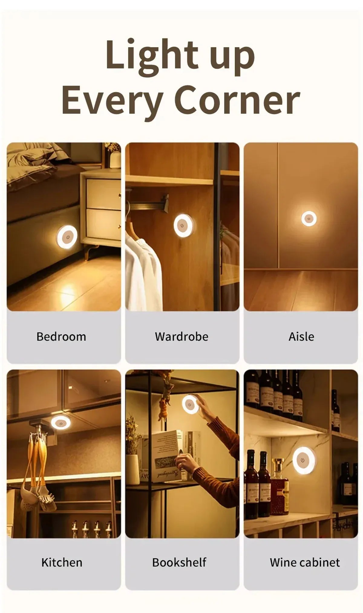Touch Switch Dimmable LED Puck Lights Rechargeable Night Light with Magnetic