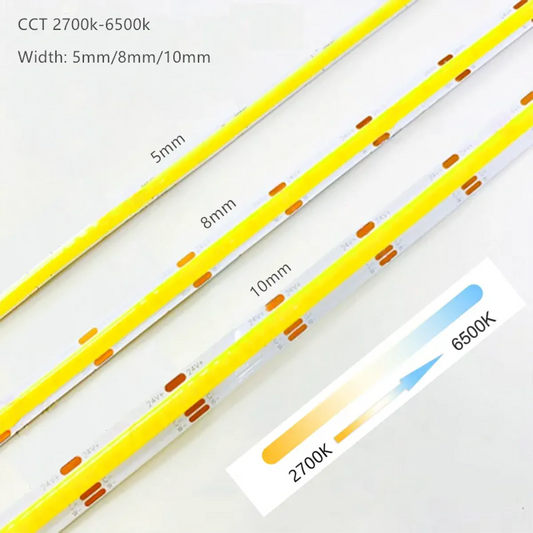 Dual White COB LED Strip Light - CCT Tunable 2700K-6500K, High Density 608 LEDs/m, CRI 90+