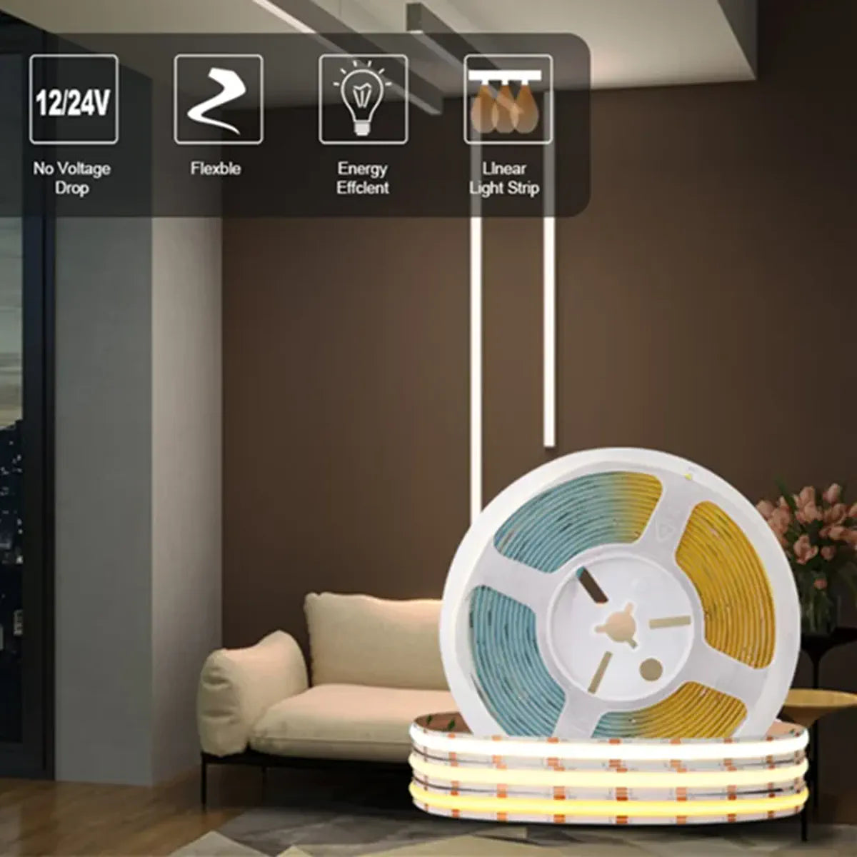 Dual White COB LED Strip Light - CCT Tunable 2700K-6500K, High Density 608 LEDs/m, CRI 90+