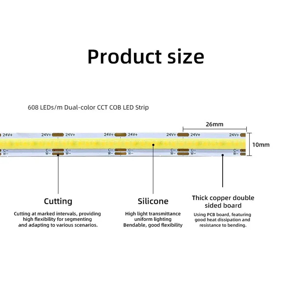 Dual White COB LED Strip Light - CCT Tunable 2700K-6500K, High Density 608 LEDs/m, CRI 90+