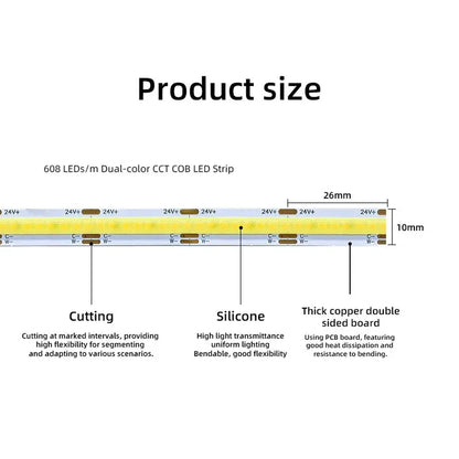 Dual White COB LED Strip Light - CCT Tunable 2700K-6500K, High Density 608 LEDs/m, CRI 90+