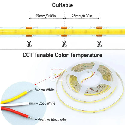 Dual White COB LED Strip Light - CCT Tunable 2700K-6500K, High Density 608 LEDs/m, CRI 90+