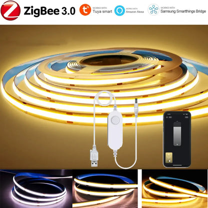 Tuya Zigbee 3.0 COB LED-Lichtleiste – 5V USB, dimmbar 320 LEDs/m, kompatibel mit Alexa Google
