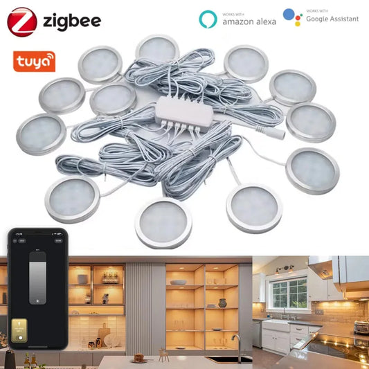 Tuya Zigbee Smart Under Cabinet LED Puck Lights with Dimmable Full Kit For Kitchen Closet