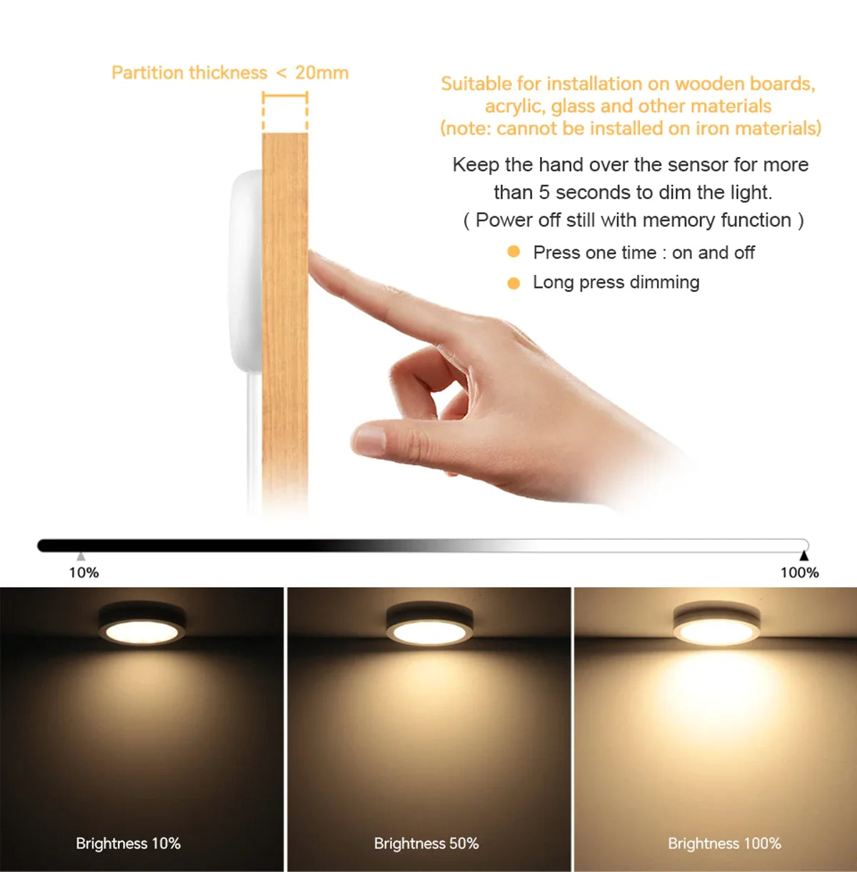 Ultra-Thin LED Puck Light Kit for Under Cabinet - Hidden Touch Sensor, Aluminum