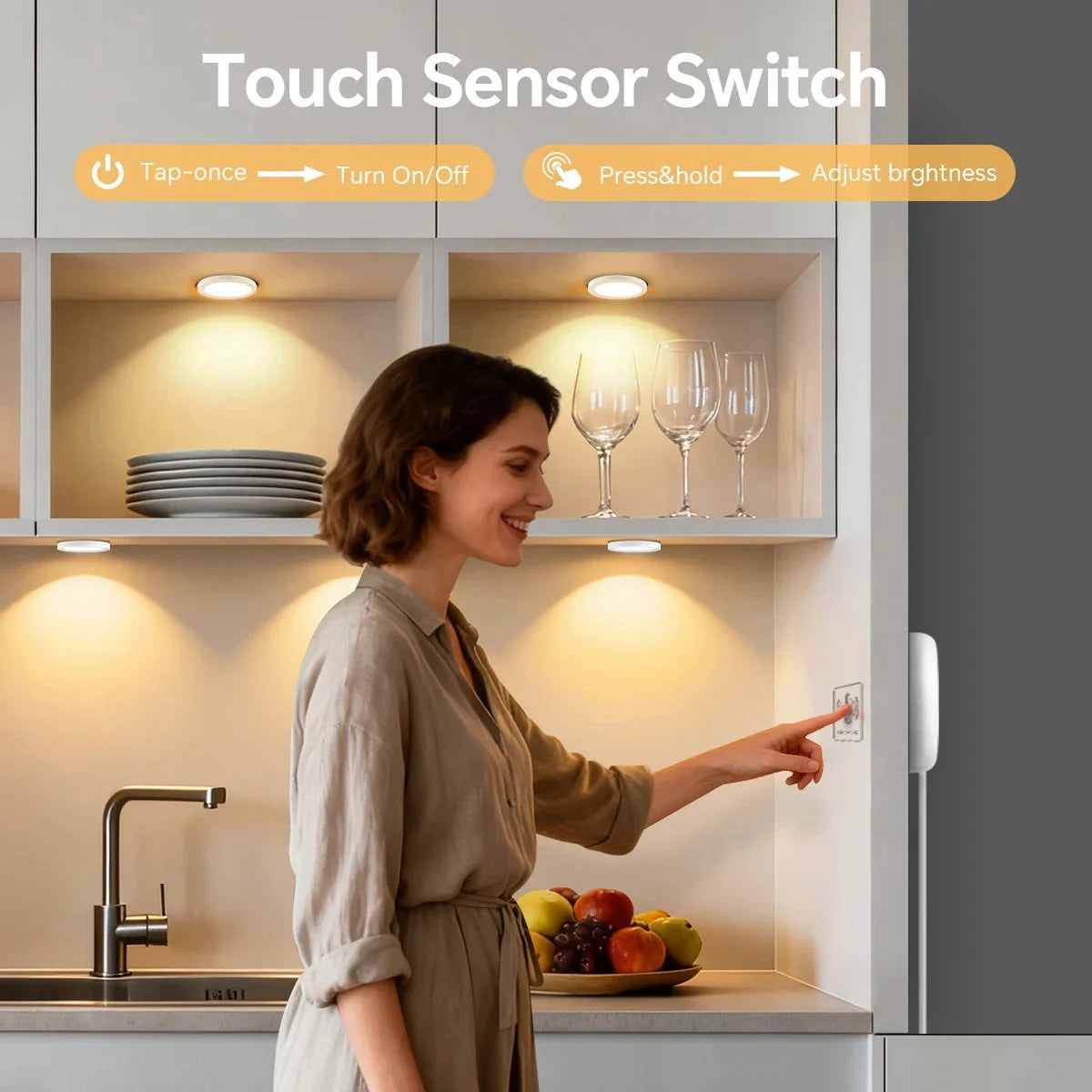 Ultra-Thin LED Puck Light Kit for Under Cabinet - Hidden Touch Sensor, Aluminum