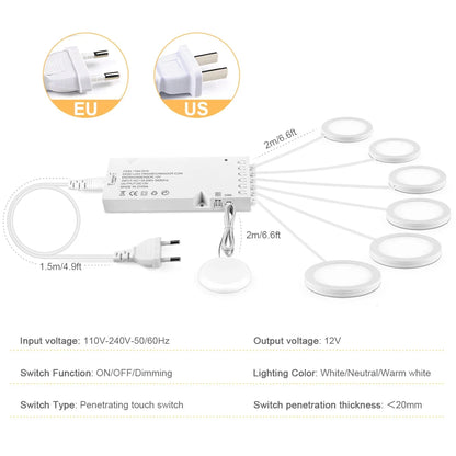 Ultra-Thin LED Puck Light Kit for Under Cabinet - Hidden Touch Sensor, Aluminum