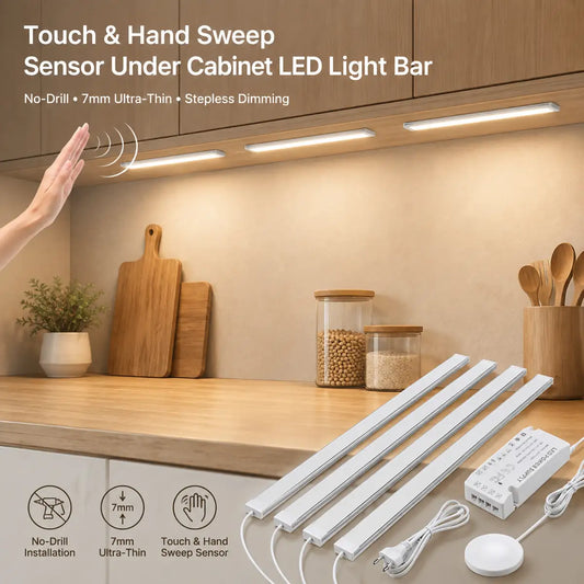 Touch & Hand Sweep Sensor Under Cabinet LED Light Bar - No-Drill, 7mm Ultra-Thin
