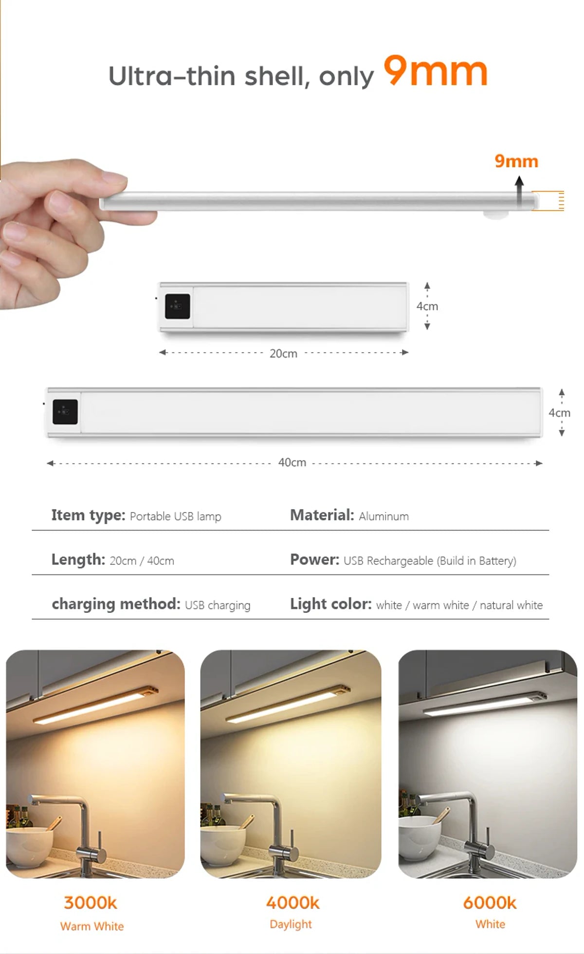 Ultra-thin 5V USB Under Cabinet LED Light Bar Rechargeable Smart Sensor for Kitchen Cabinet