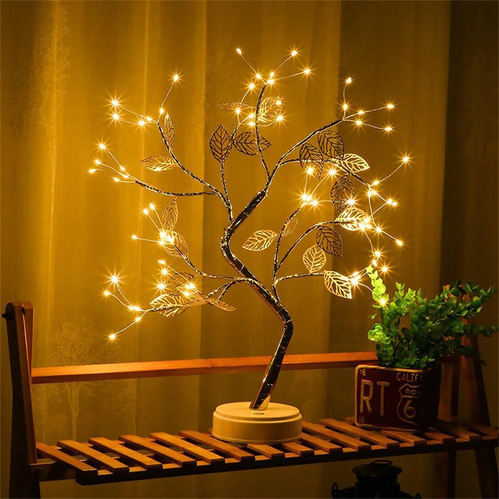 Led Tree Table Golden Leaf LED Bonsai Tree Table Lamp - 72 LEDs, Touch Dimmable, USB ...