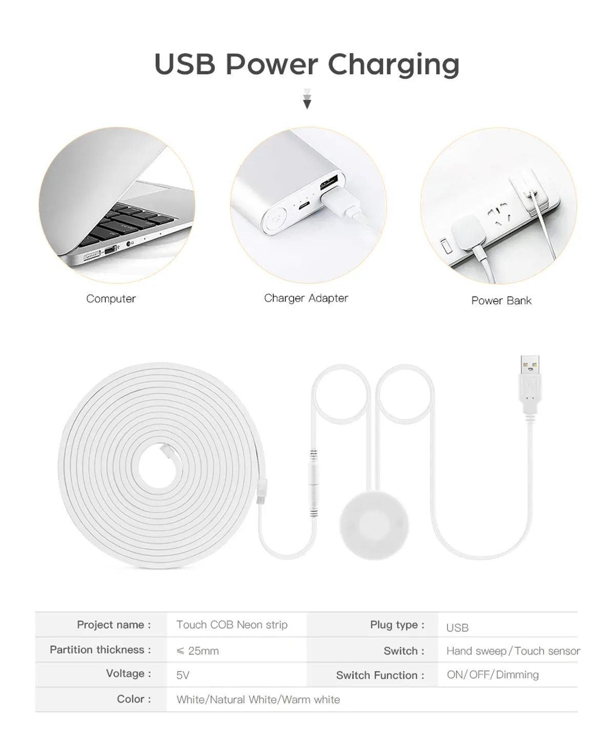 USB LED Under Cabinet Light COB Strip Dimmable Penetrable Wood Hand Scan Touch Switch
